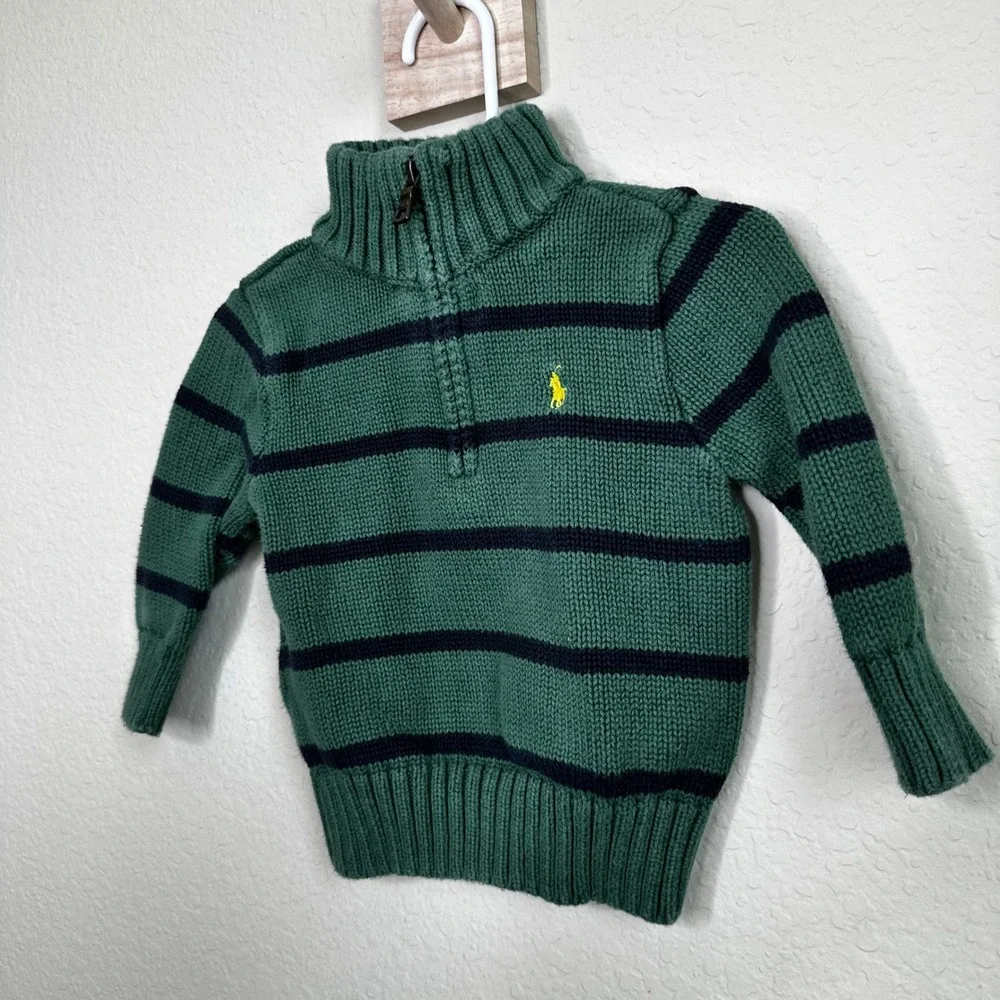 Ralph Lauren Toddler Boy 18M Green Navy Striped Quarter Zip Cotton Sweater